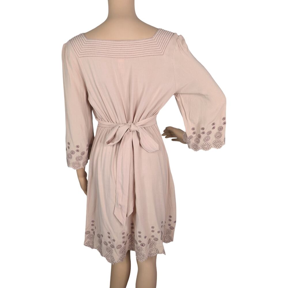Vintage Y2K Lucca Beige Rayon Floral Eyelet Milkmaid Babydoll Mini Dress Medium - Picture 9 of 11